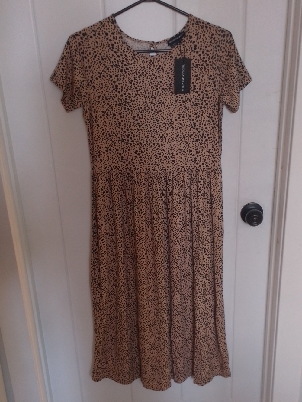 Wednesday's Girl Leopard Print Spot Tan Midi Dress with Short Sleeves Wild Heart